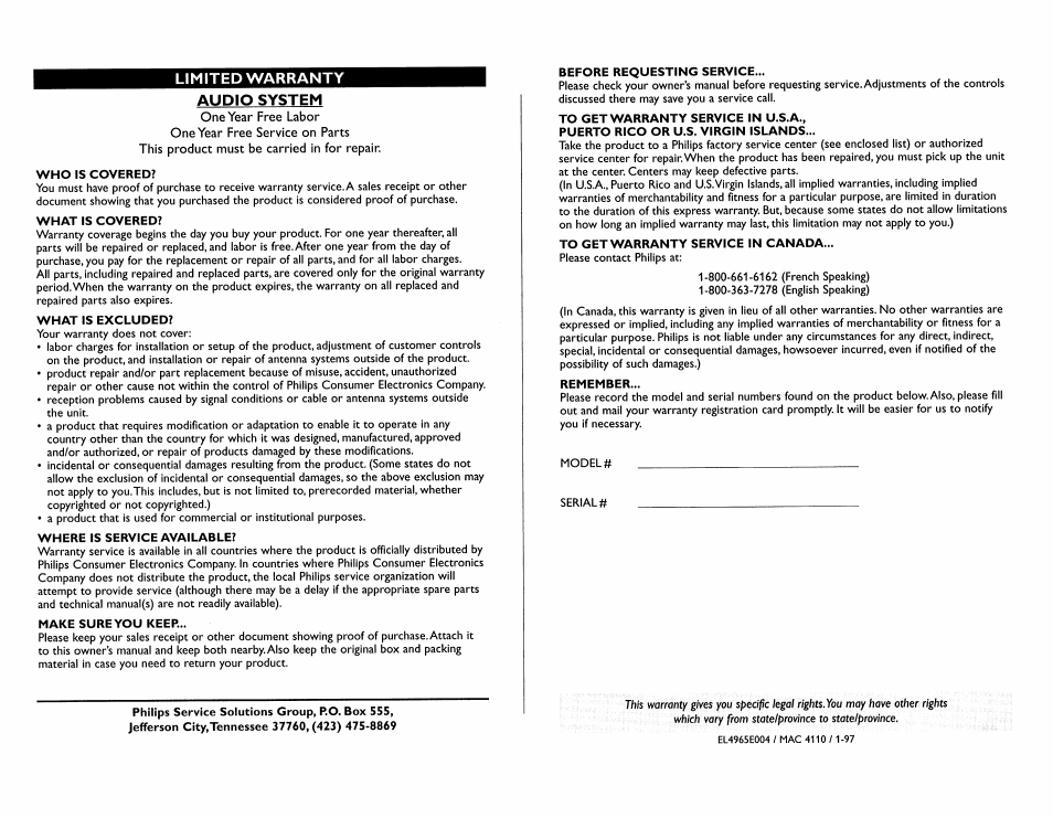Limited warranty audio system | Philips MC165C-37 User Manual | Page 15 / 40