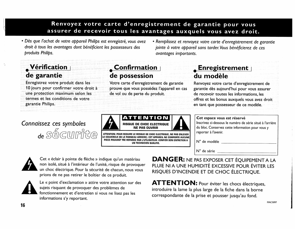 A a a, Vérification i de garantie, Confirmation i de possession | Enregistrement i du modèle, Danger, Attention | Philips MC165C-37 User Manual | Page 16 / 40