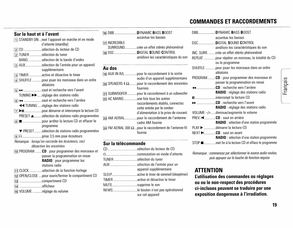 Commandes et raccordements, Ahention, Commandes et raccordements -19 | Sur le haut et à l'avant, Au dos, Sur la télécommande | Philips MC165C-37 User Manual | Page 19 / 40