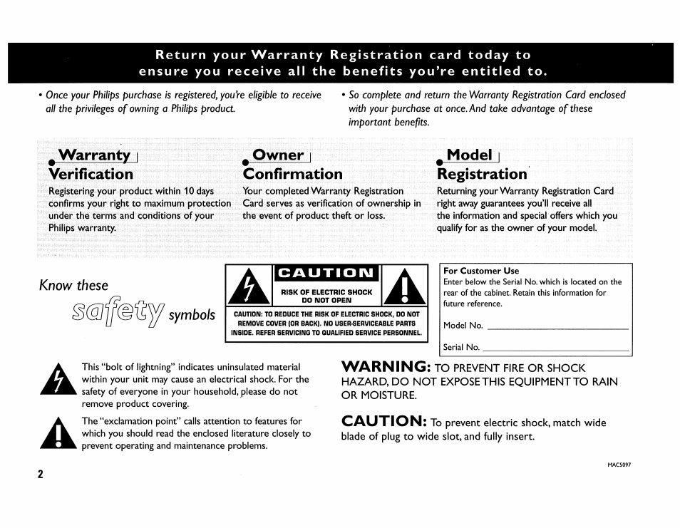 Warranty i verification, Owner i confirmation, Model i registration | Warning, Caution | Philips MC165C-37 User Manual | Page 2 / 40