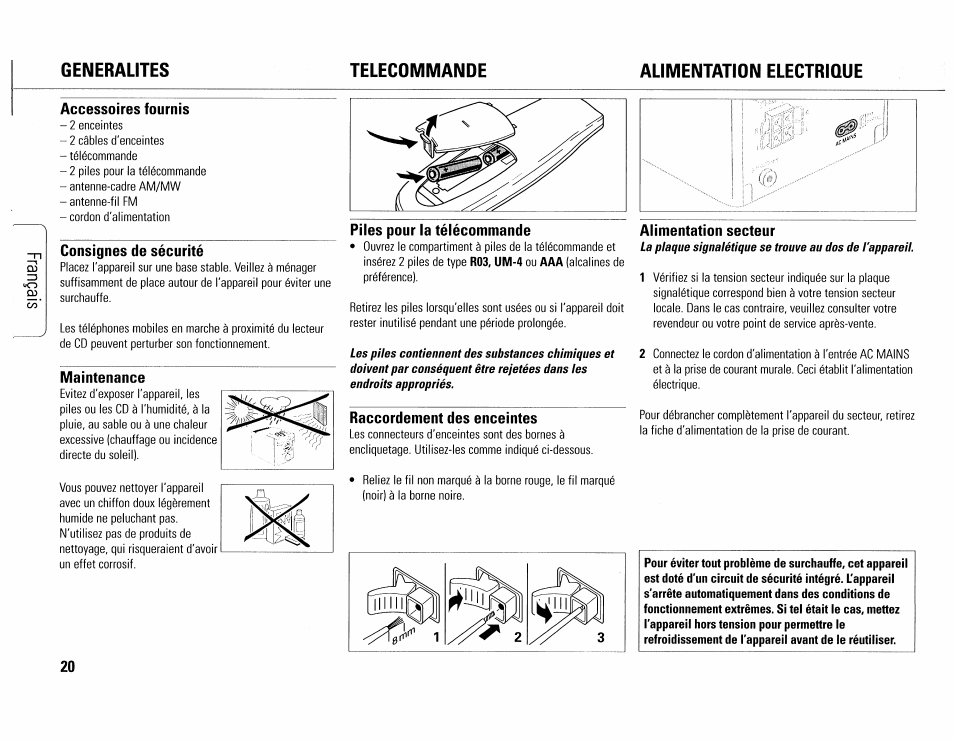 Accessoires fournis, Consignes de sécurité, Maintenance | Piles pour la télécommande, Raccordement des enceintes, Alimentation secteur, Conseils de sécurité -17, Alimentation électrique, Generalites telecommande alimentation electrique | Philips MC165C-37 User Manual | Page 20 / 40