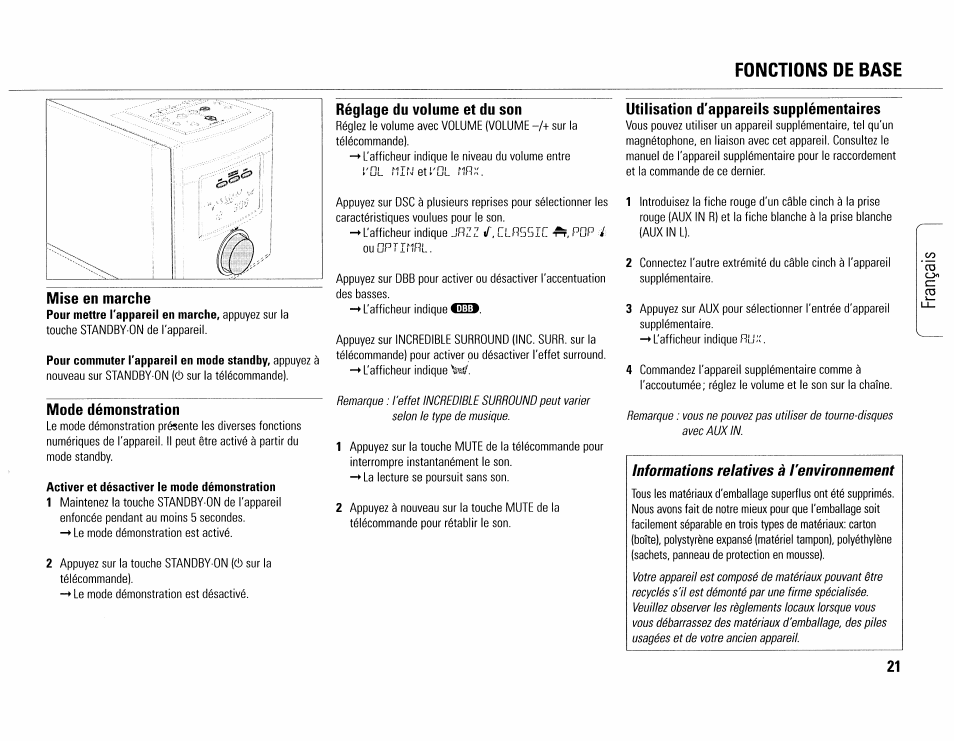 Fonctions de base, Mise en marche, Mode démonstration | Réglage du volume et du son, Utilisation d'appareils supplémentaires | Philips MC165C-37 User Manual | Page 21 / 40