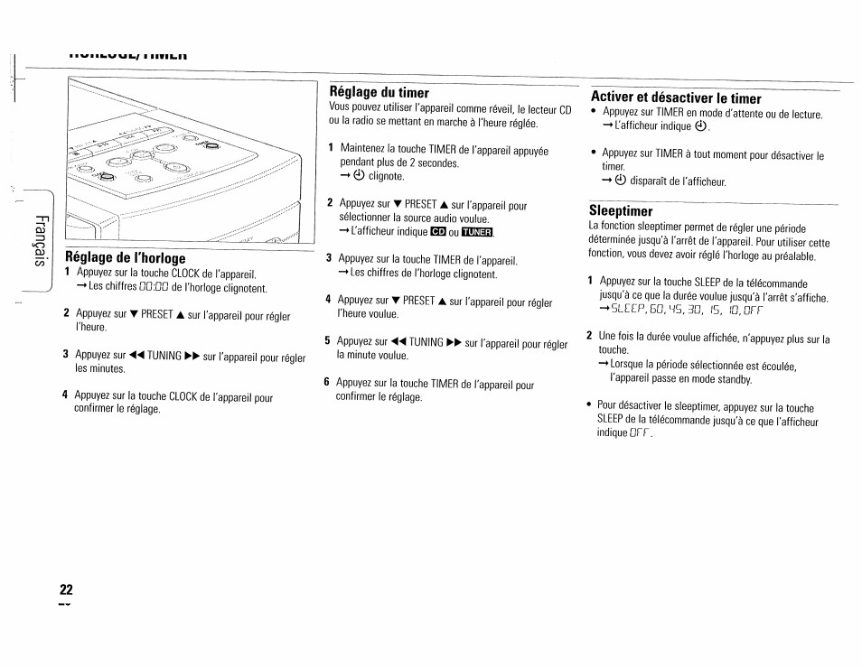 Réglage de l'horloge, Réglage du timer, Activer et désactiver le timer | Sieeptimer | Philips MC165C-37 User Manual | Page 22 / 40