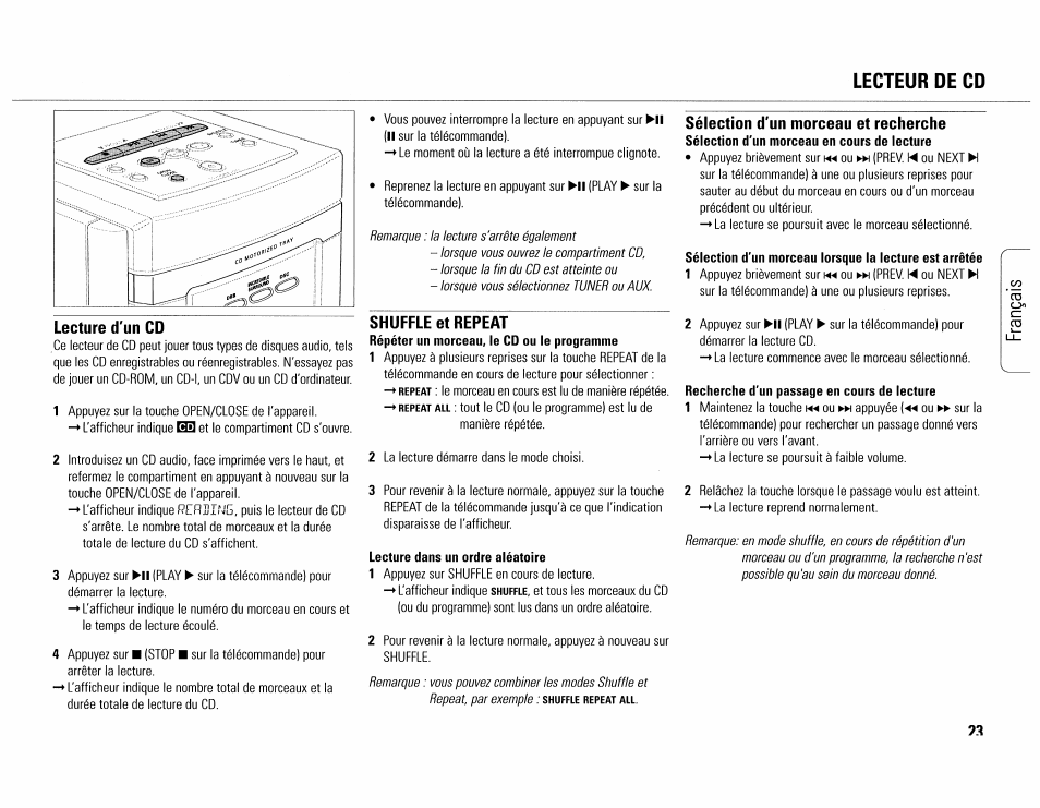 Lecteur de cd, Lecture d'un cd, Shuffle et repeat | Sélection d'un morceau et recherche, Lecteur de cd lecture d'un cd | Philips MC165C-37 User Manual | Page 23 / 40