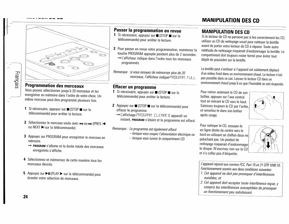 Manipulation des cd, Programmation des morceaux, Passer la programmation en revue | Effacer un programme | Philips MC165C-37 User Manual | Page 24 / 40