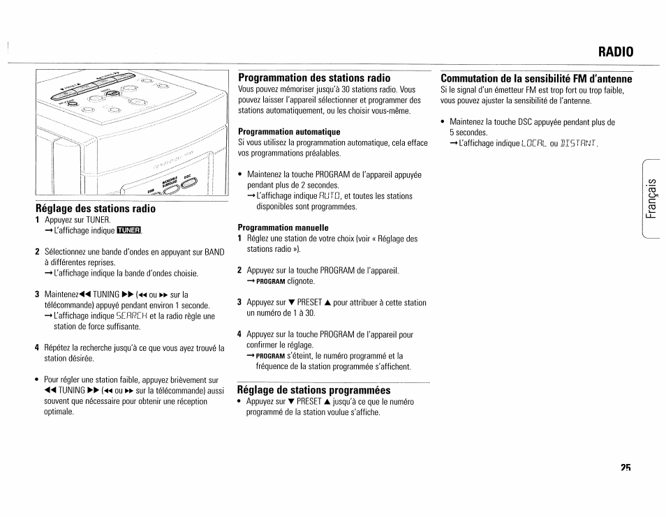 Radio, Réglage des stations radio, Programmation des stations radio | Réglage de stations programmées, Commutation de la sensibilité fm d'antenne | Philips MC165C-37 User Manual | Page 25 / 40