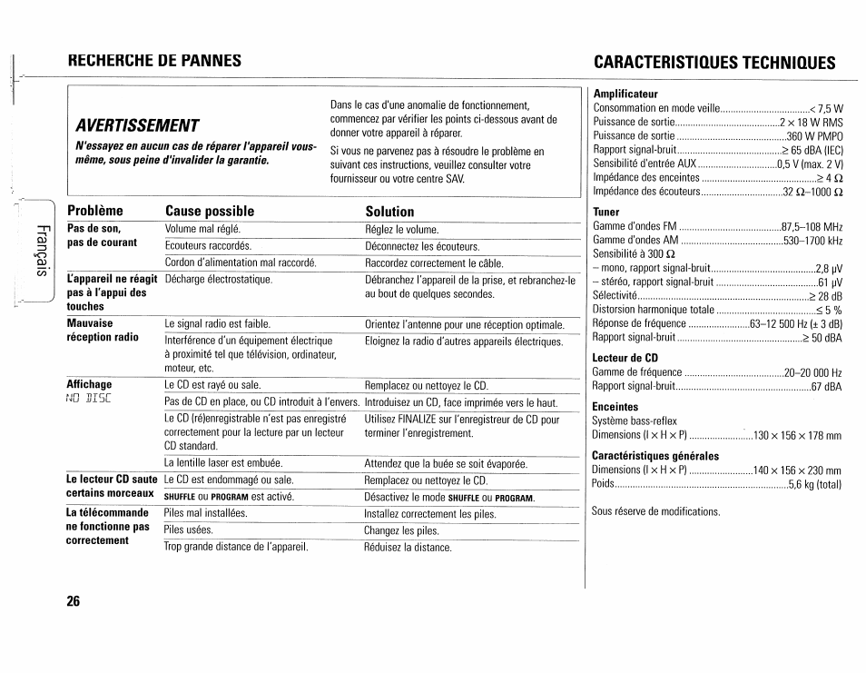 Caracteristiques techniques, Caractéristiques techniques, Avertissement | Recherche de pannes, Problème cause possible solution | Philips MC165C-37 User Manual | Page 26 / 40