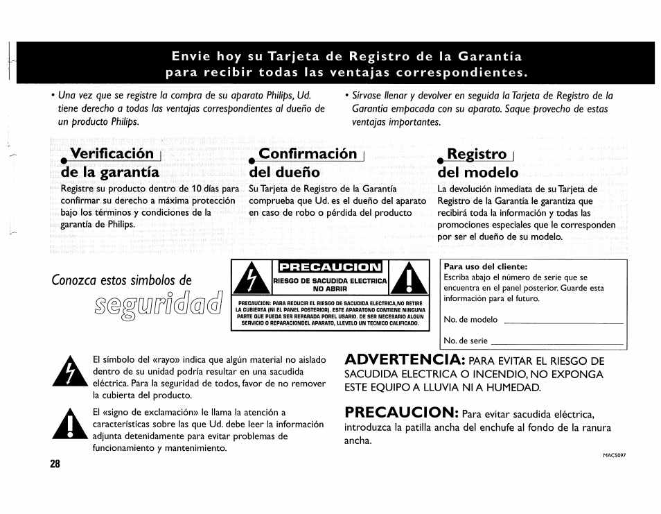 G(ll][rm(^(í, Verificación i de la garantía, Confirmación i del dueño | Registro i del modelo, Advertencia, Precaucion | Philips MC165C-37 User Manual | Page 28 / 40