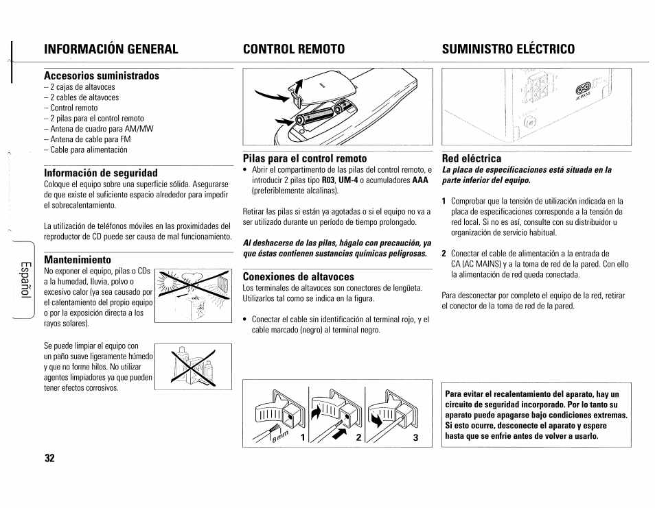 Accesorios suministrados, Información de seguridad, Mantenimiento | Pilas para el control remoto, Conexiones de altavoces, Red eléctrica, Información general | Philips MC165C-37 User Manual | Page 32 / 40