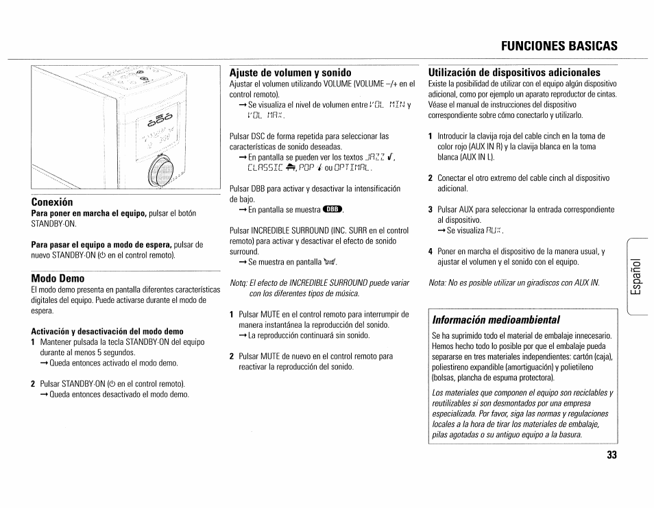 Funciones basicas, Conexión, Modo demo | Ajuste de volumen y sonido, Utilización de dispositivos adicionales, Funciones básicas | Philips MC165C-37 User Manual | Page 33 / 40