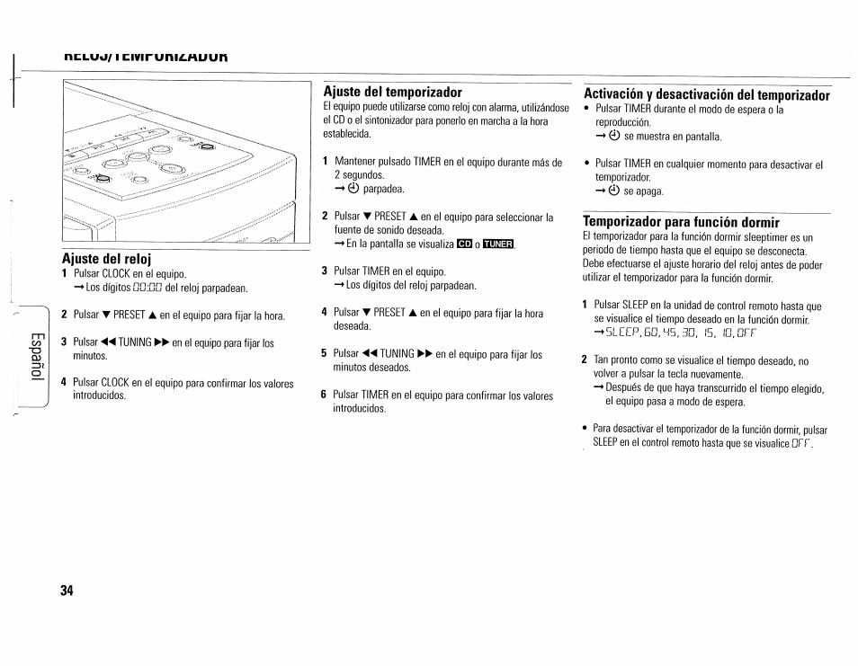 Ajuste del reloj, Ajuste del temporizador, Activación y desactivación del temporizador | Temporizador para función dormir, Ncluii/1 cmrum£.huun | Philips MC165C-37 User Manual | Page 34 / 40