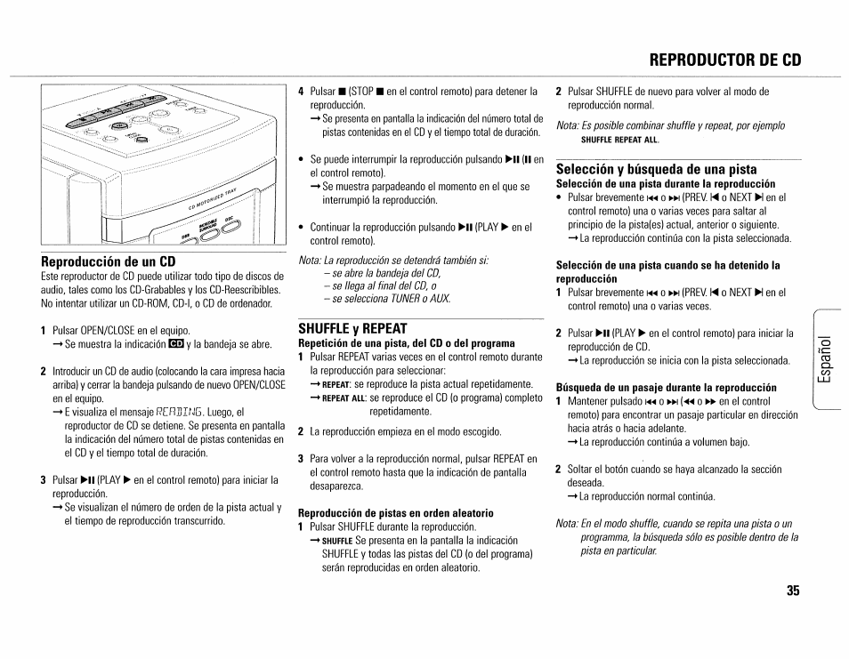 Reproductor de cd, Reproducción de un cd, Shuffle y repeat | Selección y búsqueda de una pista | Philips MC165C-37 User Manual | Page 35 / 40