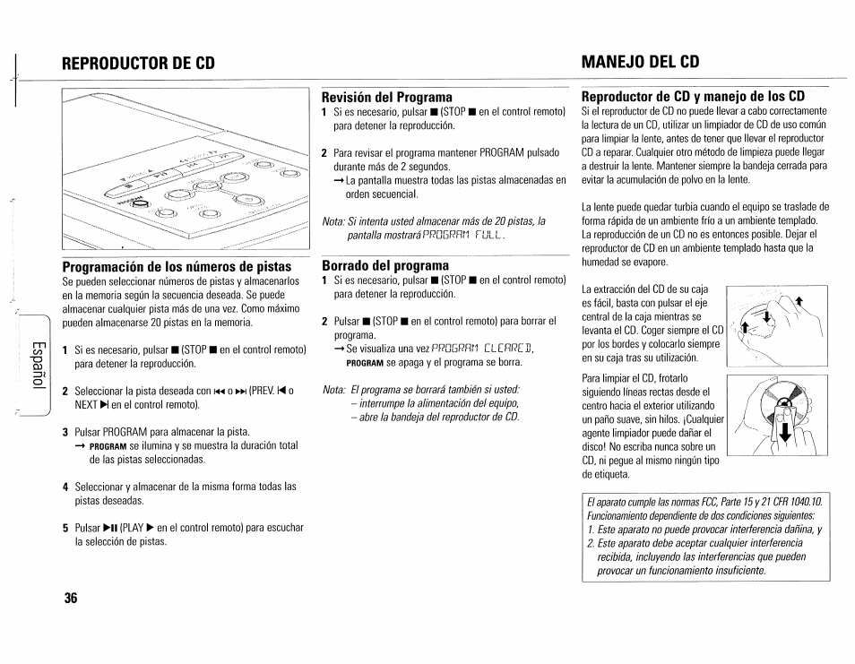 Reproductor de cd, Programación de los números de pistas, Borrado del programa | Reproductor de cd y manejo de los cd, Reproductor de cd, manejo del cd -36, Reproductor de cd manejo del cd, Revisión del programa | Philips MC165C-37 User Manual | Page 36 / 40