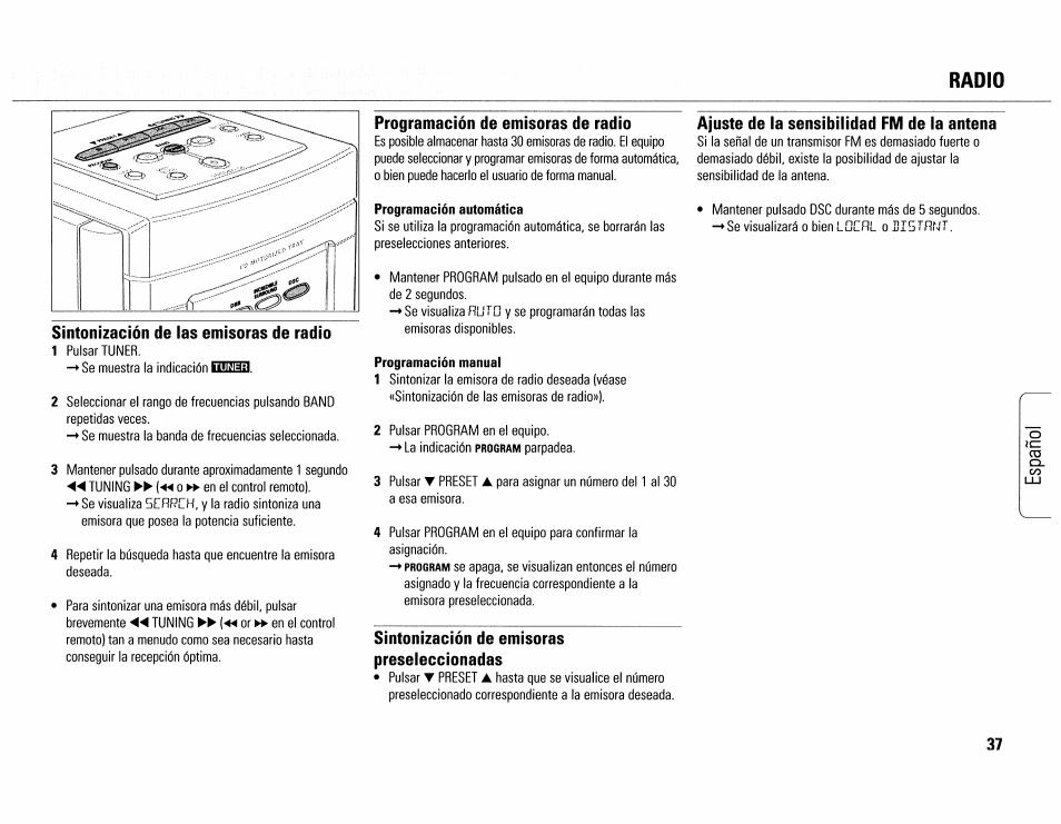 Radio, Sintonización de las emisoras de radio, Programación de emisoras de radio | Sintonización de emisoras preseleccionadas, Ajuste de la sensibilidad fm de la antena, Eni2h3 | Philips MC165C-37 User Manual | Page 37 / 40