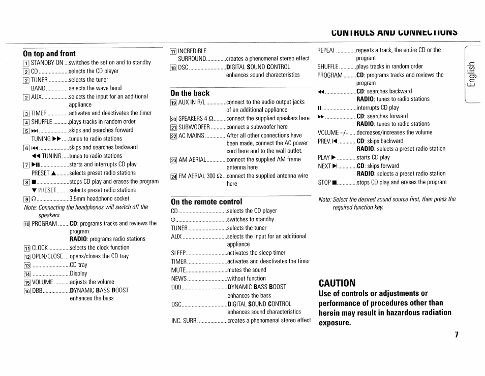 Caution, Uun i kul5 anu uunimcui lund, On the back | On the remote control | Philips MC165C-37 User Manual | Page 7 / 40