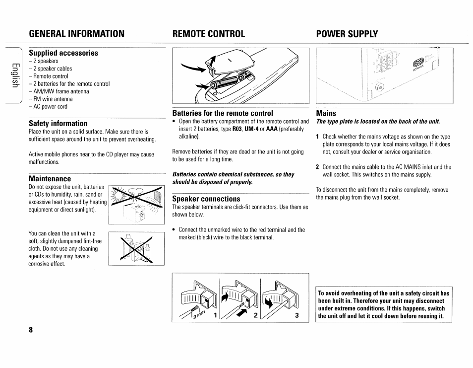Remote control, Power supply, Supplied accessories | Safety information, Maintenance, Batteries for the remote control, Speaker connections, Mains, General information remote control power supply | Philips MC165C-37 User Manual | Page 8 / 40