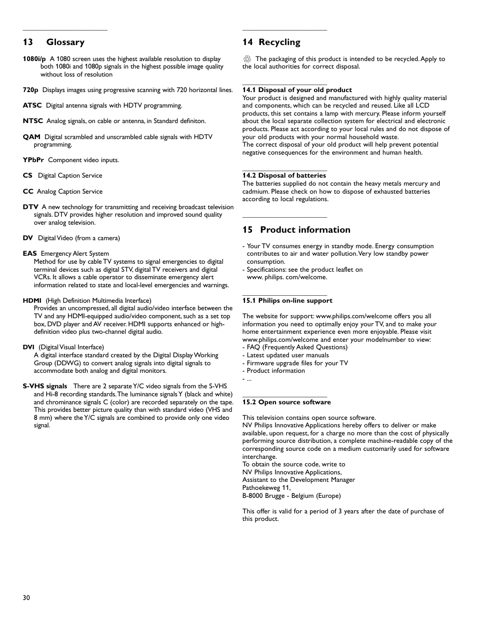 13 glossary, 14 recycling, 15 product information | Philips flat HDTV 47PFL7432D 47" LCD integrated digital with Perfect Pixel HD Engine and Ambilight 2 channel User Manual | Page 32 / 40