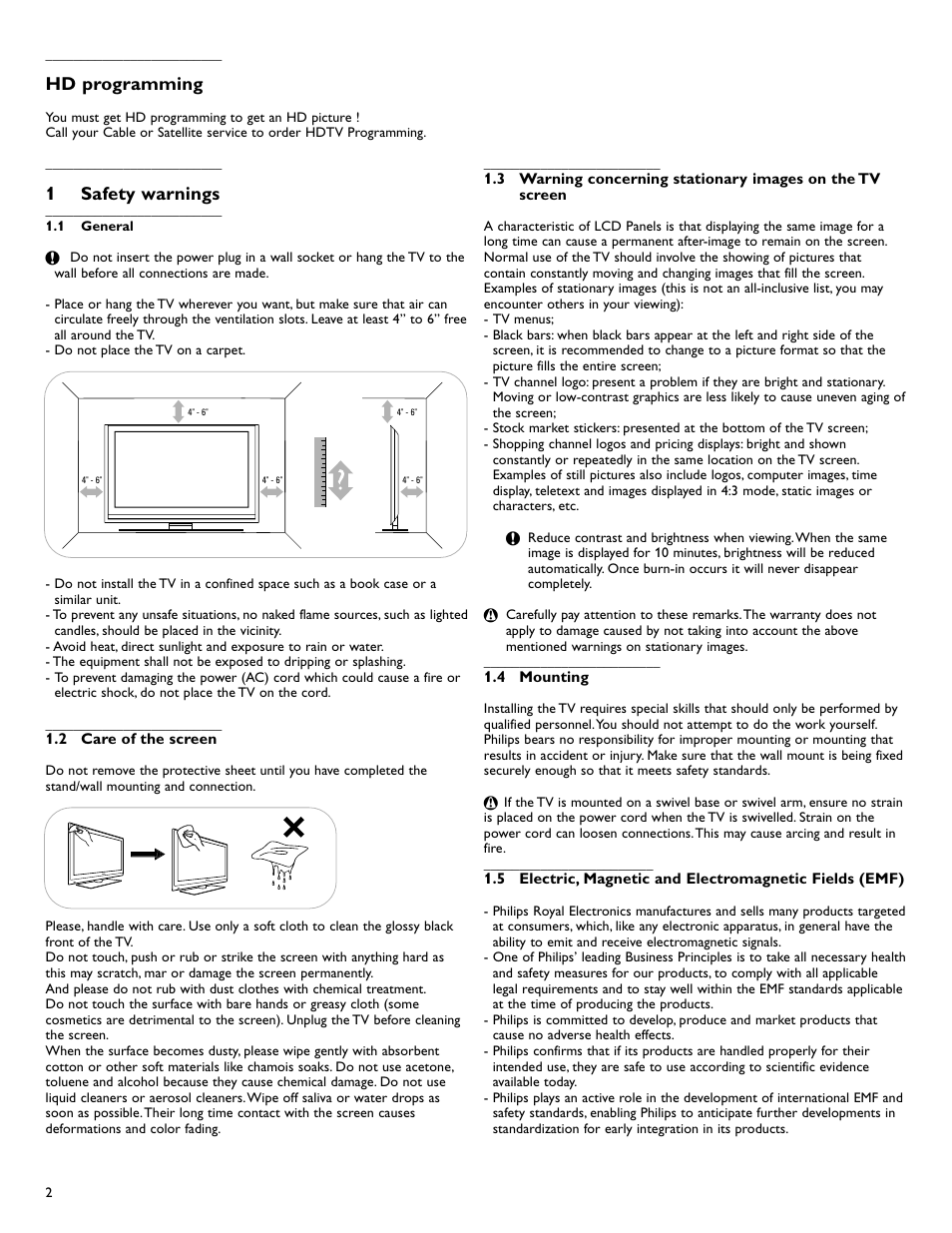 Hd programming, 1safety warnings | Philips flat HDTV 47PFL7432D 47" LCD integrated digital with Perfect Pixel HD Engine and Ambilight 2 channel User Manual | Page 4 / 40