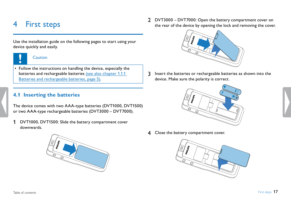 4 first steps, 1 inserting the batteries | Philips DVT5500-00 User Manual | Page 17 / 60