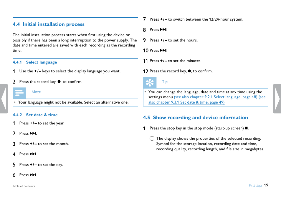 4 initial installation process, 1 select language, 2 set date & time | 5 show recording and device information | Philips DVT5500-00 User Manual | Page 19 / 60