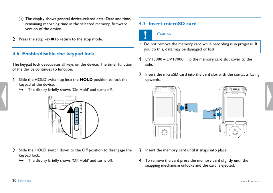 6 enable/disable the keypad lock, 7 insert microsd card | Philips DVT5500-00 User Manual | Page 20 / 60