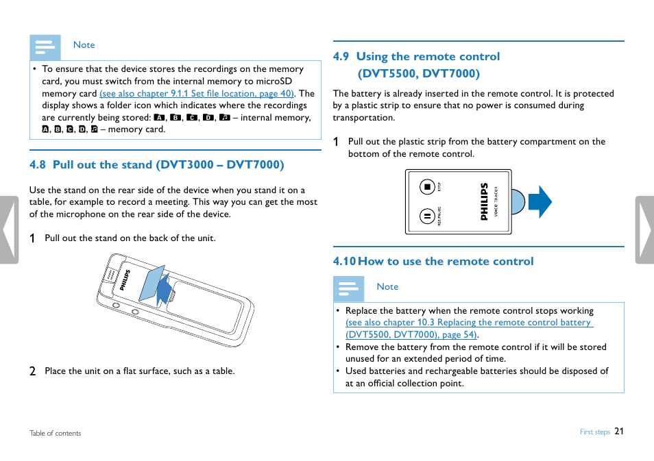 8 pull out the stand (dvt3000 – dvt7000), 9 using the remote control (dvt5500, dvt7000), 10 how to use the remote control | Philips DVT5500-00 User Manual | Page 21 / 60