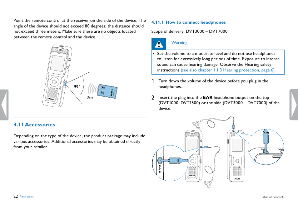 11 accessories, 1 how to connect headphones | Philips DVT5500-00 User Manual | Page 22 / 60