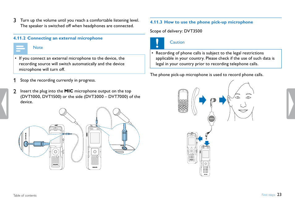 2 connecting an external microphone, 3 how to use the phone pick-up microphone | Philips DVT5500-00 User Manual | Page 23 / 60