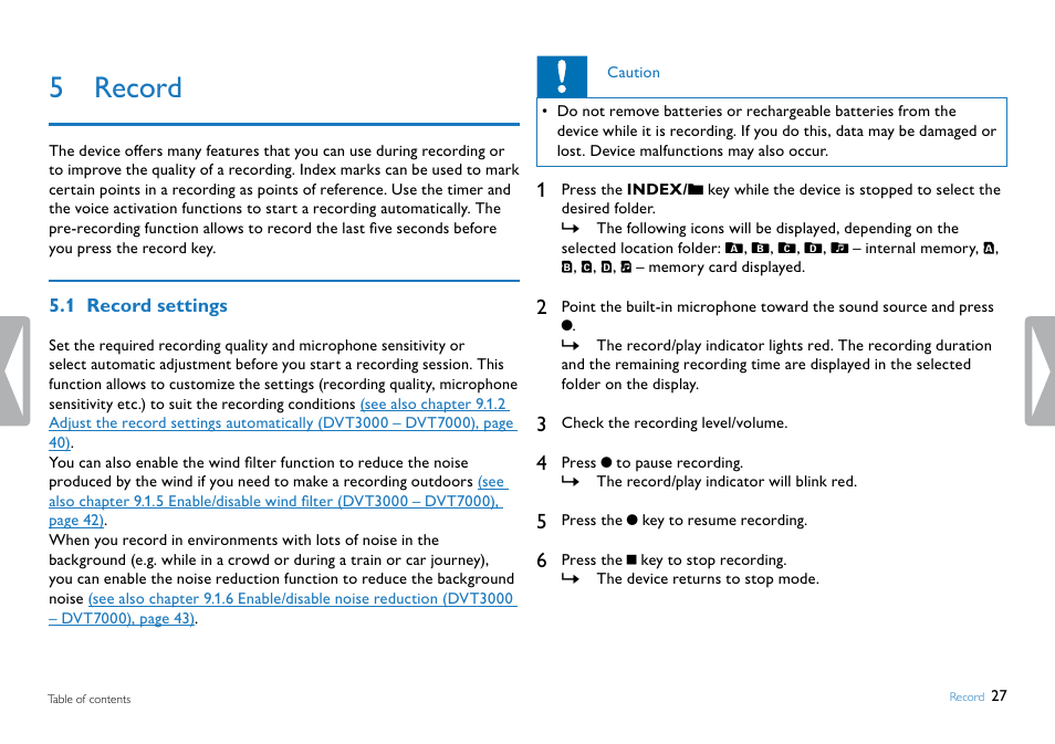 5 record, 1 record settings, Record settings | Philips DVT5500-00 User Manual | Page 27 / 60
