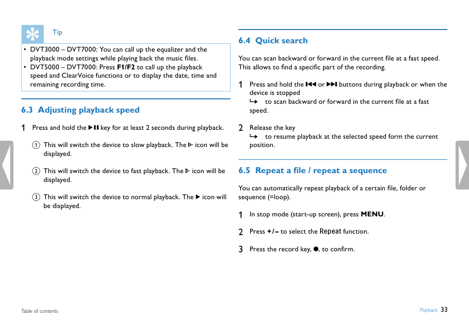 3 adjusting playback speed, 4 quick search, 5 repeat a file / repeat a sequence | Repeat a file / repeat a sequence | Philips DVT5500-00 User Manual | Page 33 / 60