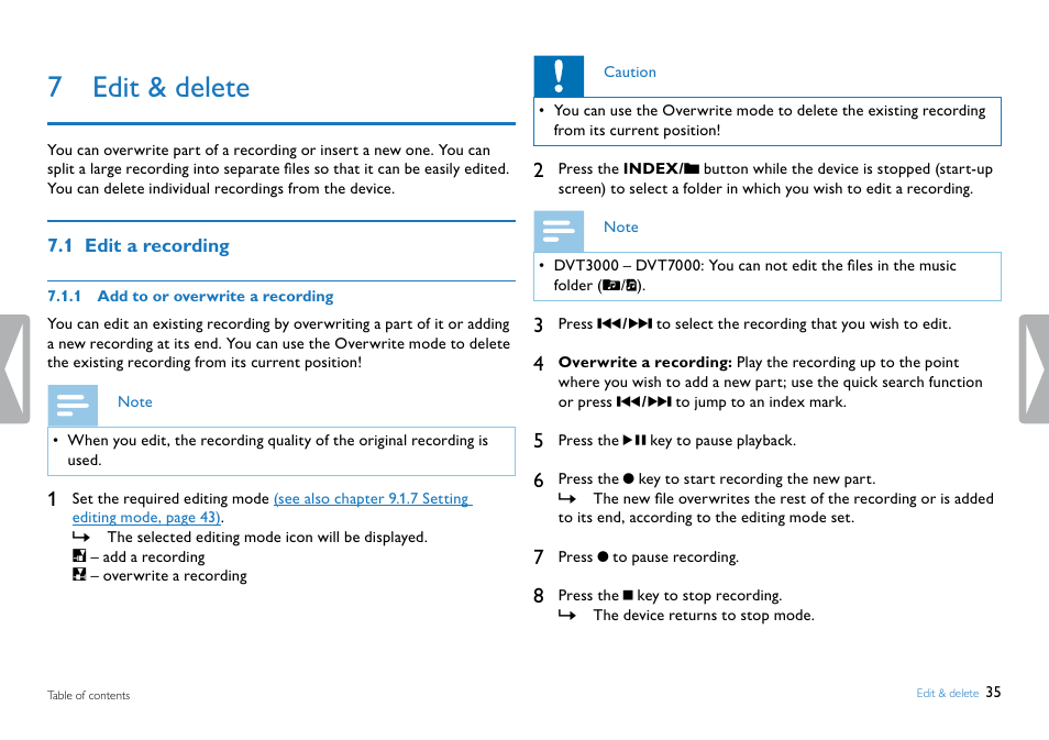 7 edit & delete, 1 edit a recording, 1 add to or overwrite a recording | Philips DVT5500-00 User Manual | Page 35 / 60