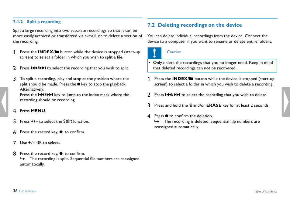 2 split a recording, 2 deleting recordings on the device, Split a recording | Philips DVT5500-00 User Manual | Page 36 / 60
