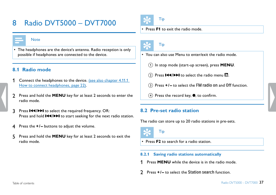 8 radio dvt5000 – dvt7000, 1 radio mode, 2 pre-set radio station | 1 saving radio stations automatically, Radio mode pre-set radio station | Philips DVT5500-00 User Manual | Page 37 / 60