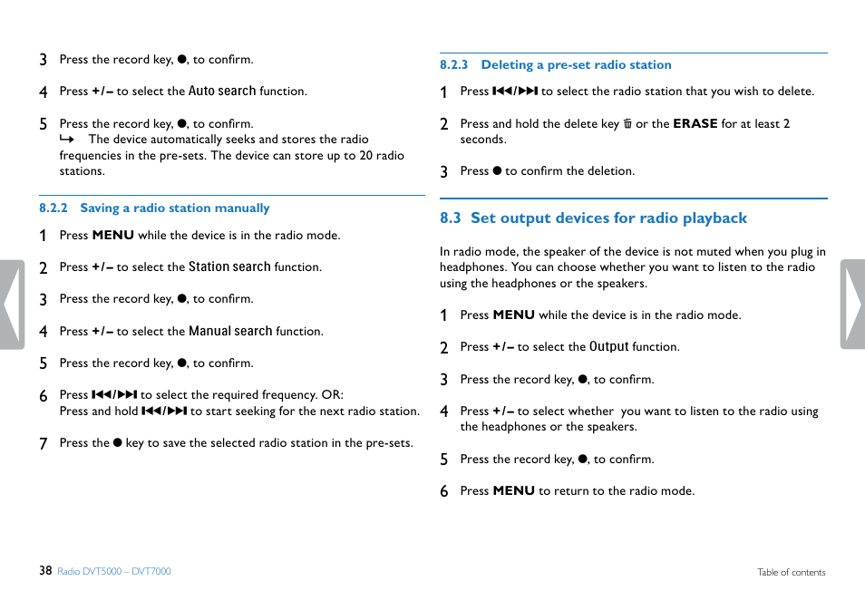2 saving a radio station manually, 3 deleting a pre-set radio station, 3 set output devices for radio playback | Set output devices for radio playback | Philips DVT5500-00 User Manual | Page 38 / 60
