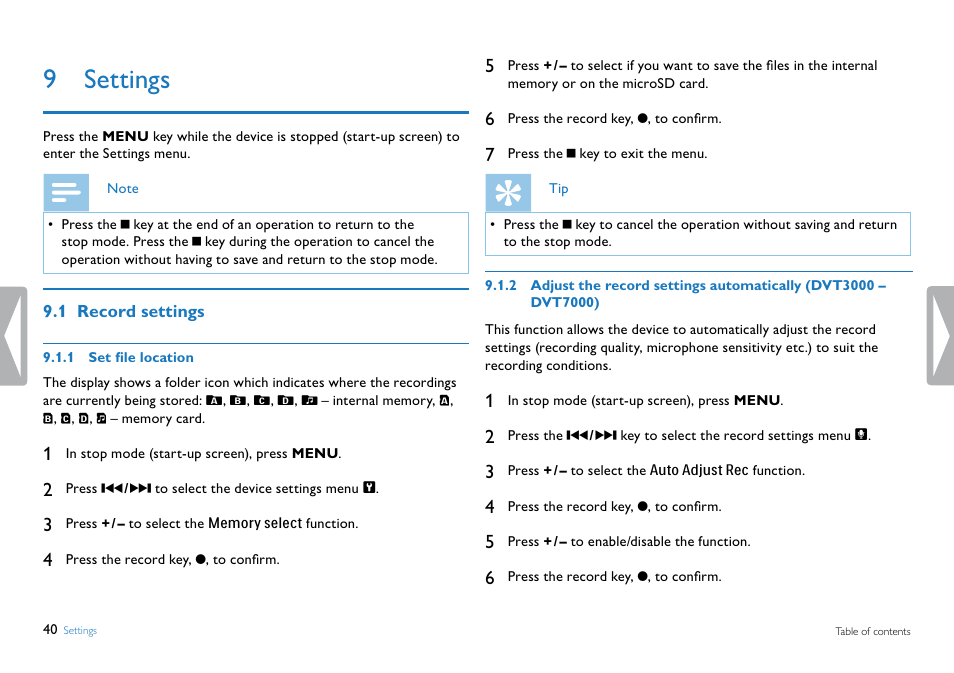 9 settings, 1 record settings, 1 set file location | 2 adjust the record settings automatically, Dvt3000 – dvt7000), Set file location, See also chapter 9.1.2 | Philips DVT5500-00 User Manual | Page 40 / 60