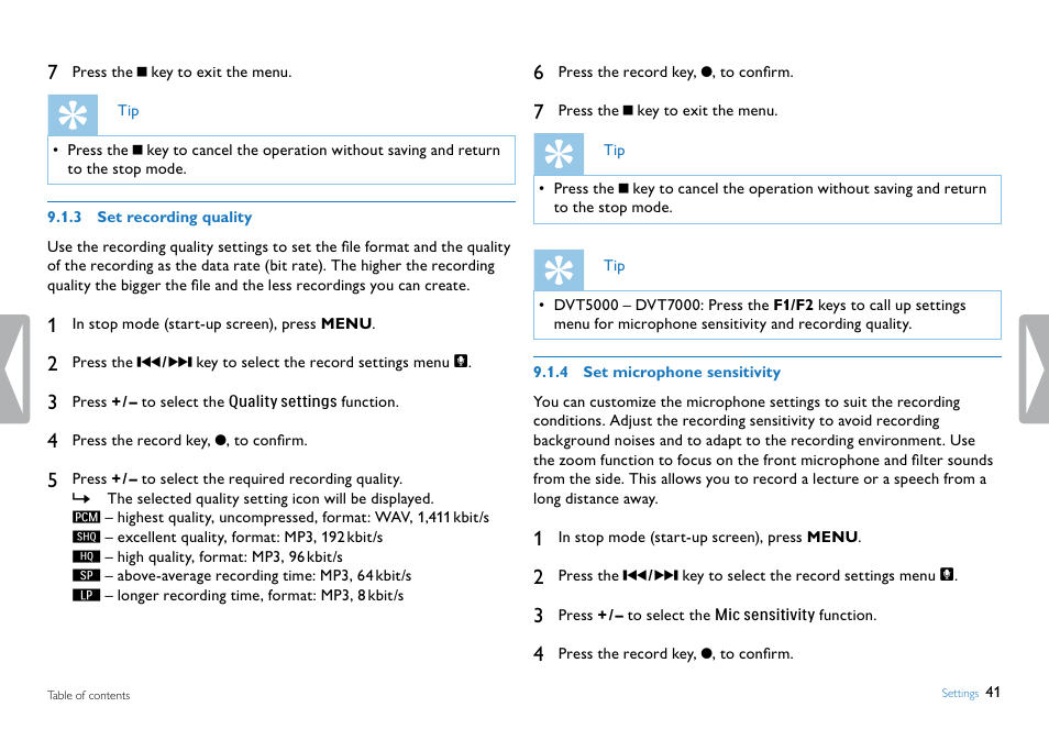3 set recording quality, 4 set microphone sensitivity, Set microphone sensitivity set recording quality | See also chapter 9.1.4 set microphone sensitivity | Philips DVT5500-00 User Manual | Page 41 / 60