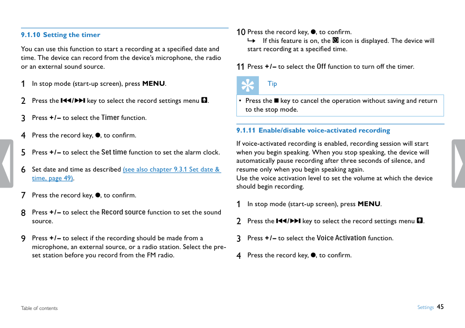 10 setting the timer, 11 enable/disable voice-activated recording, See also chapter 9.1.11 enable | Philips DVT5500-00 User Manual | Page 45 / 60