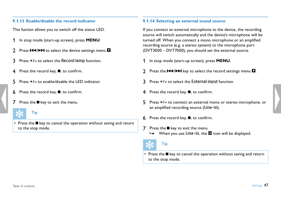 13 enable/disable the record indicator, 14 selecting an external sound source, Selecting an external sound source | Enable/disable the record indicator, See also, See also chapter 9.1.14 selecting an | Philips DVT5500-00 User Manual | Page 47 / 60