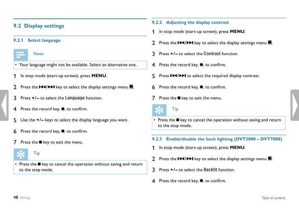 2 display settings, 1 select language, 2 adjusting the display contrast | Dvt7000) | Philips DVT5500-00 User Manual | Page 48 / 60