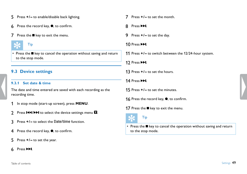 3 device settings, 1 set date & time, Set date & time | See also chapter 9.3.1 set date | Philips DVT5500-00 User Manual | Page 49 / 60