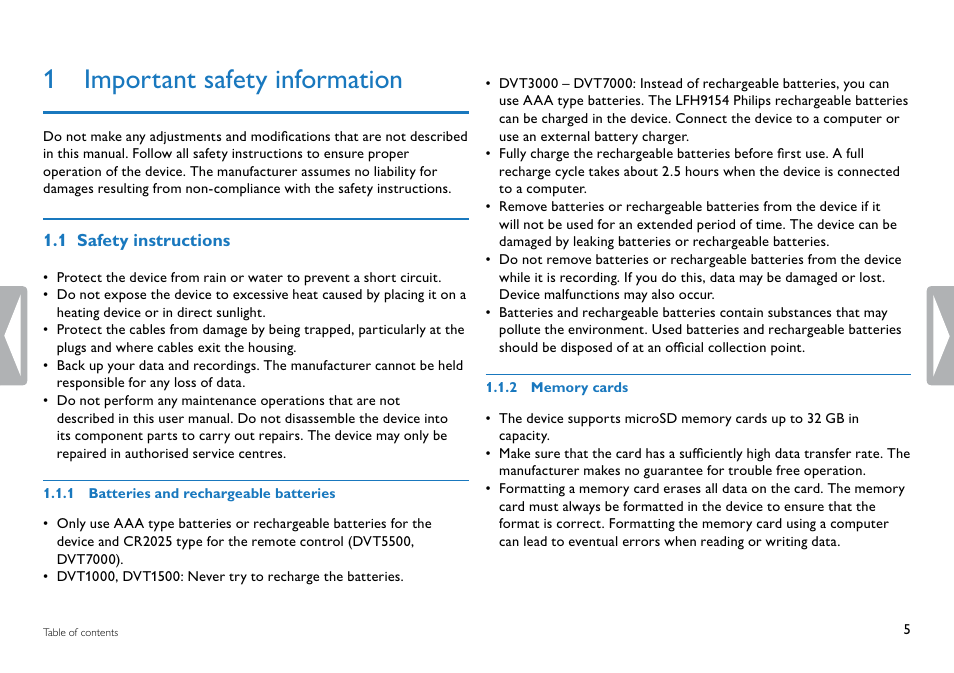 1 important safety information, 1 safety instructions | Philips DVT5500-00 User Manual | Page 5 / 60