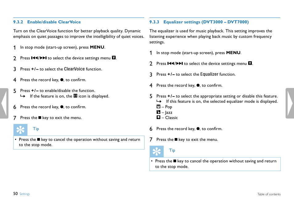 2 enable/disable clearvoice, 3 equalizer settings (dvt3000 – dvt7000), See also chapter 9.3.2 enable/disable | Philips DVT5500-00 User Manual | Page 50 / 60