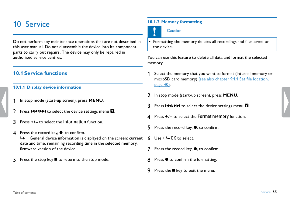 10 service, 1 service functions, 1 display device information | 2 memory formatting, Memory formatting, Display device information, See also | Philips DVT5500-00 User Manual | Page 53 / 60