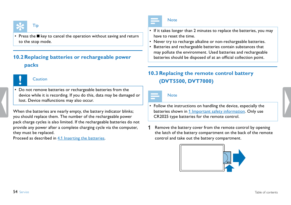 2 replacing batteries or rechargeable power packs | Philips DVT5500-00 User Manual | Page 54 / 60