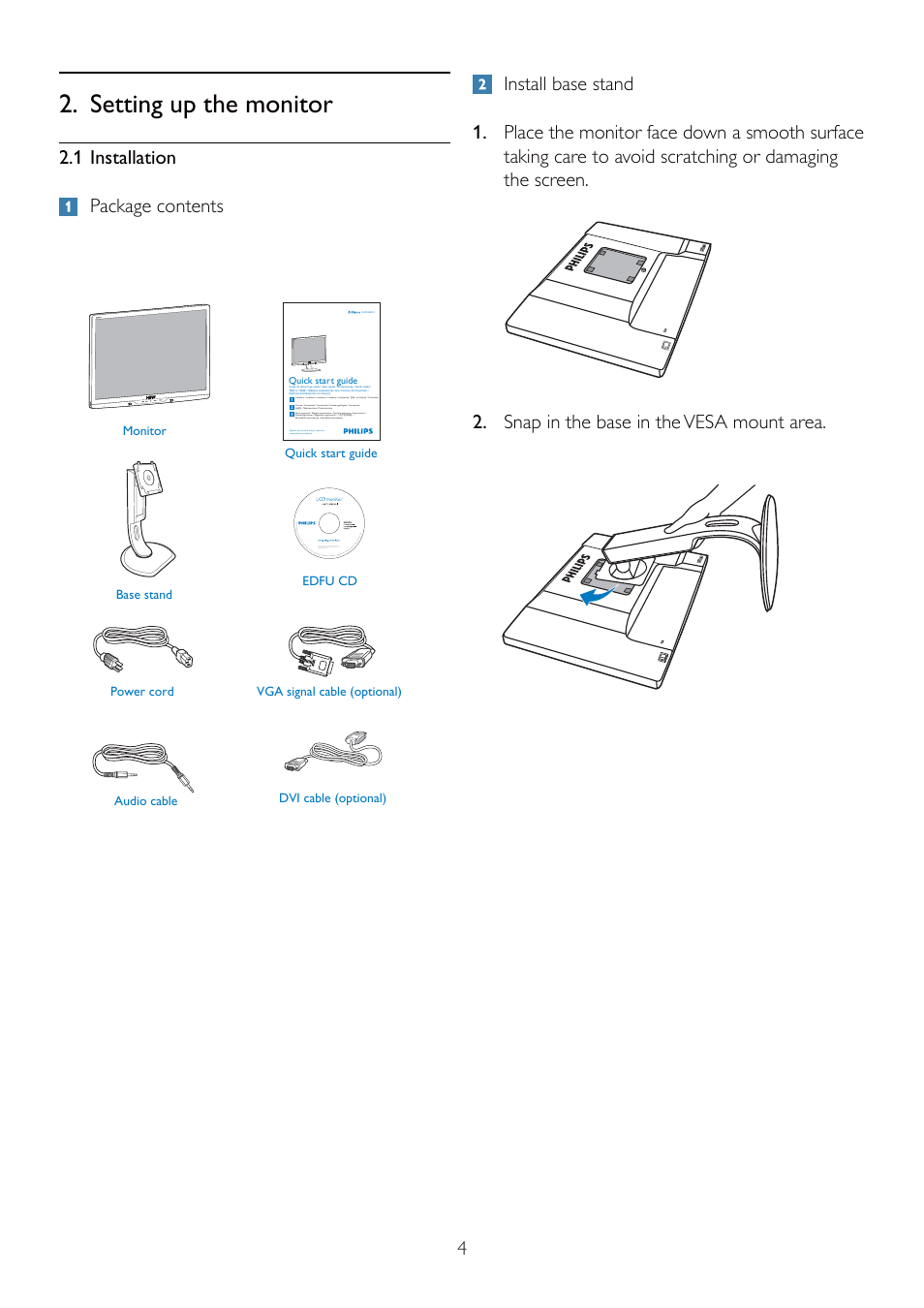 Setting up the monitor | Philips 225P2EB-27 User Manual | Page 6 / 59