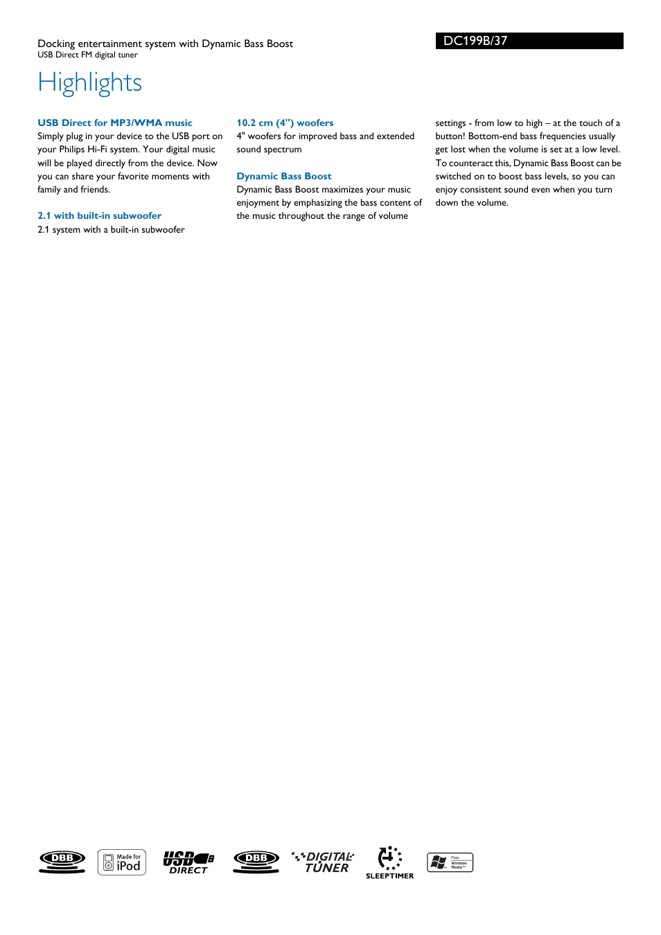 Highlights | Philips USB Direct docking entertainment system User Manual | Page 2 / 3
