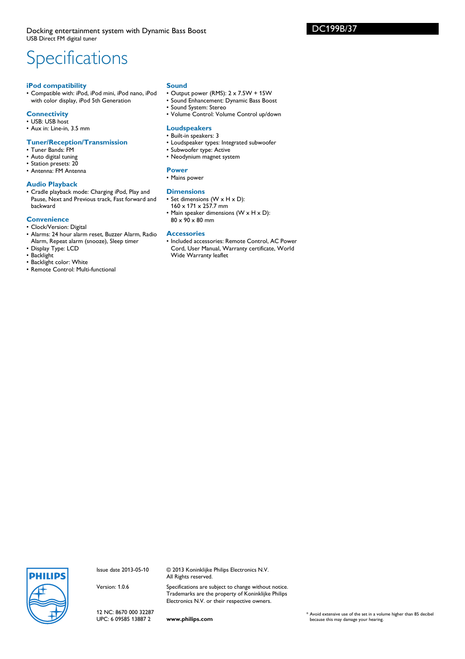 Specifications | Philips USB Direct docking entertainment system User Manual | Page 3 / 3