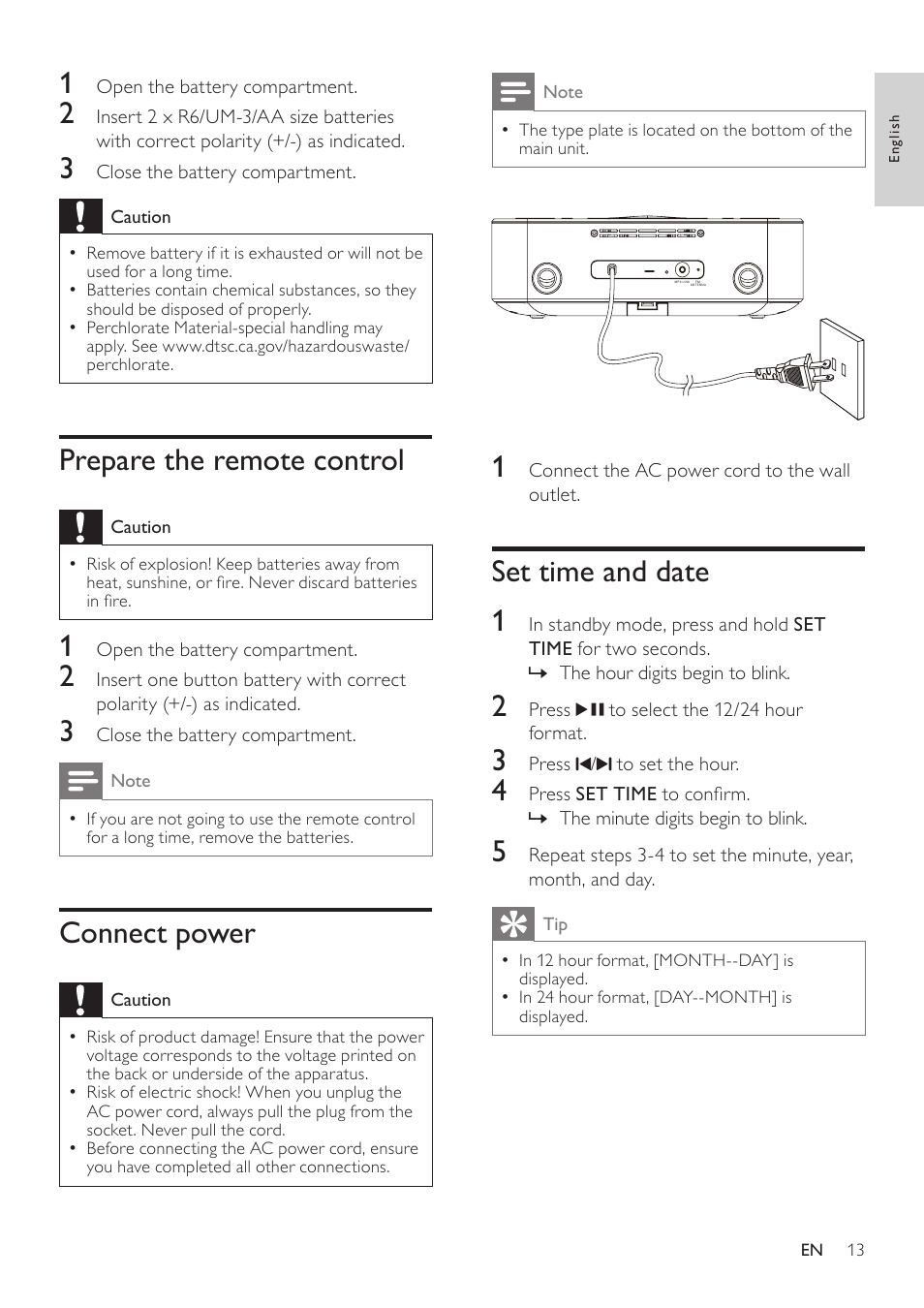 Prepare the remote control, Connect power, Set time and date | Set time and date 1 | Philips DC390-37 User Manual | Page 14 / 22