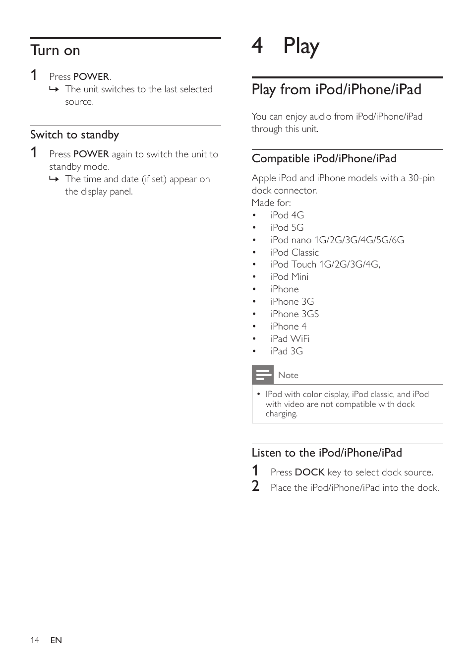 Turn on, 4 play, Play from ipod/iphone/ipad | Turn on 1 | Philips DC390-37 User Manual | Page 15 / 22