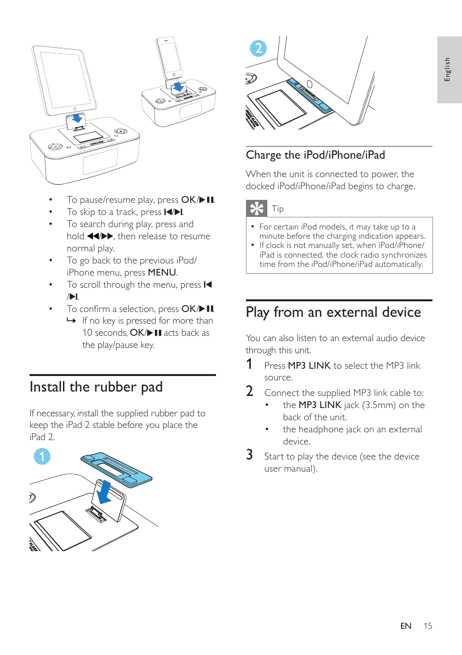 Install the rubber pad, Play from an external device | Philips DC390-37 User Manual | Page 16 / 22